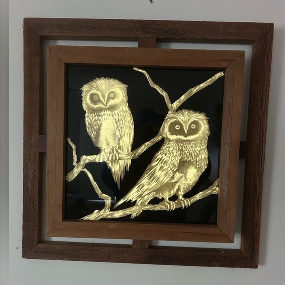 Other - Large Vintage Gold Foil Owl Wall Art W/ Custom Wood Frame
